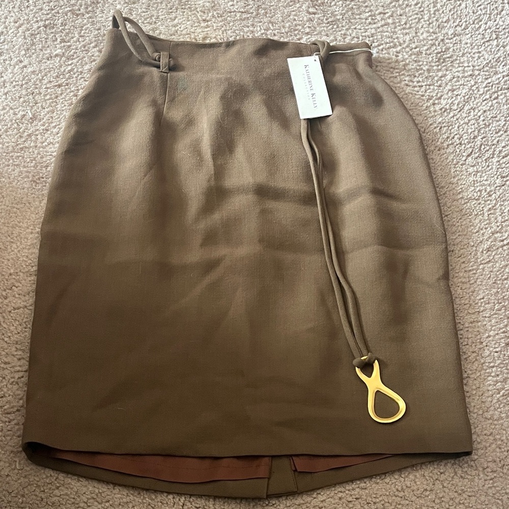NWT Katherine Kelly Elegant Tan Pencil Skirt with Gold Detail